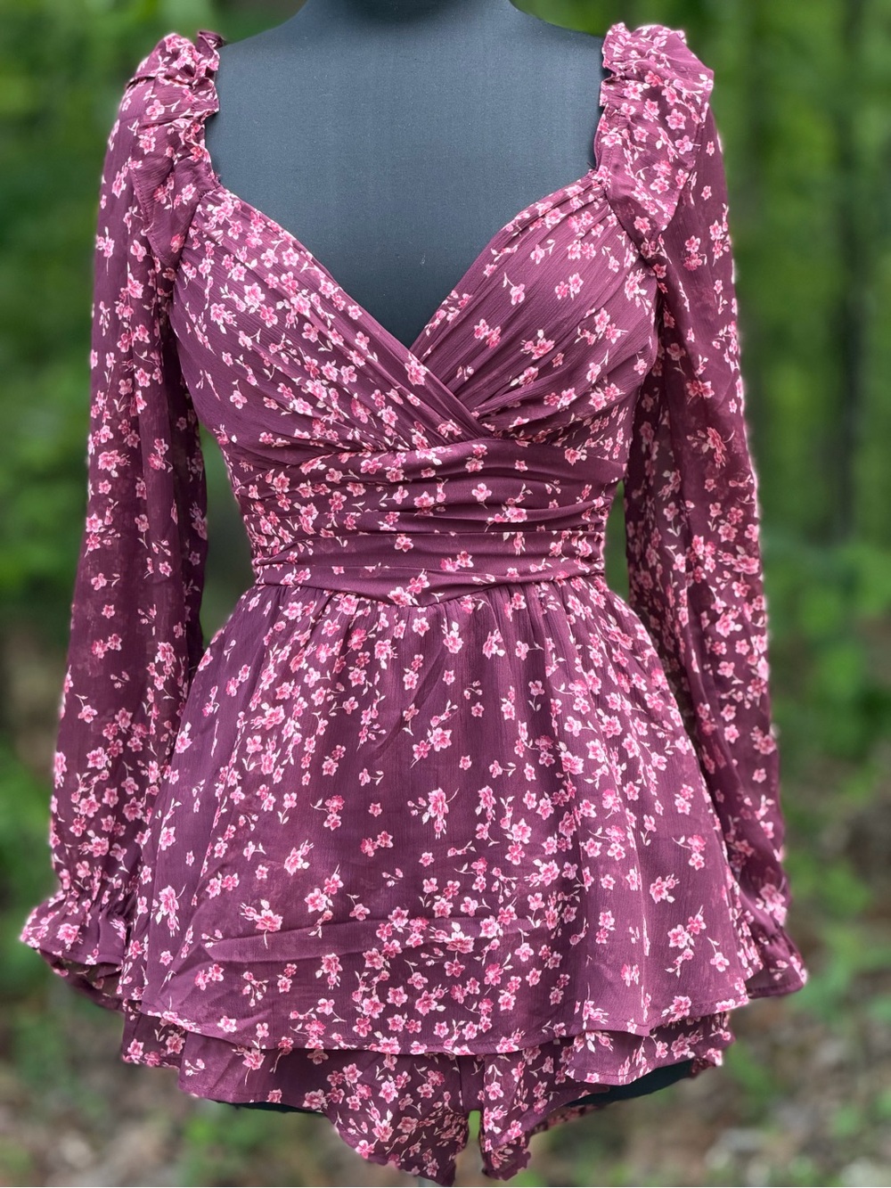 Francesca's Collections Plum Floral Long-Sleeve Romper
